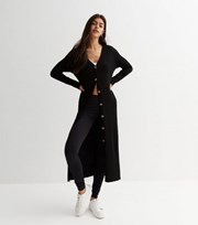 New Look Black Ribbed Knit Button Up Midi Cardigan